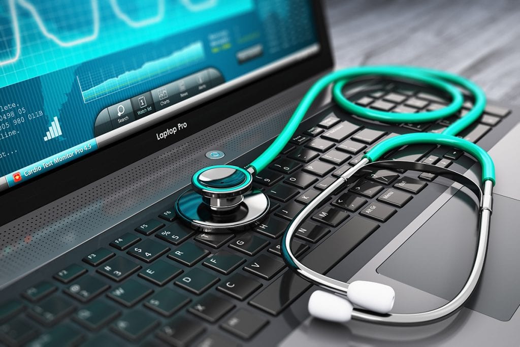 Laptop with medical diagnostic software and stethoscope