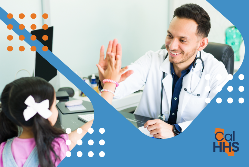 Doctor high-fiving young girl in doctors office