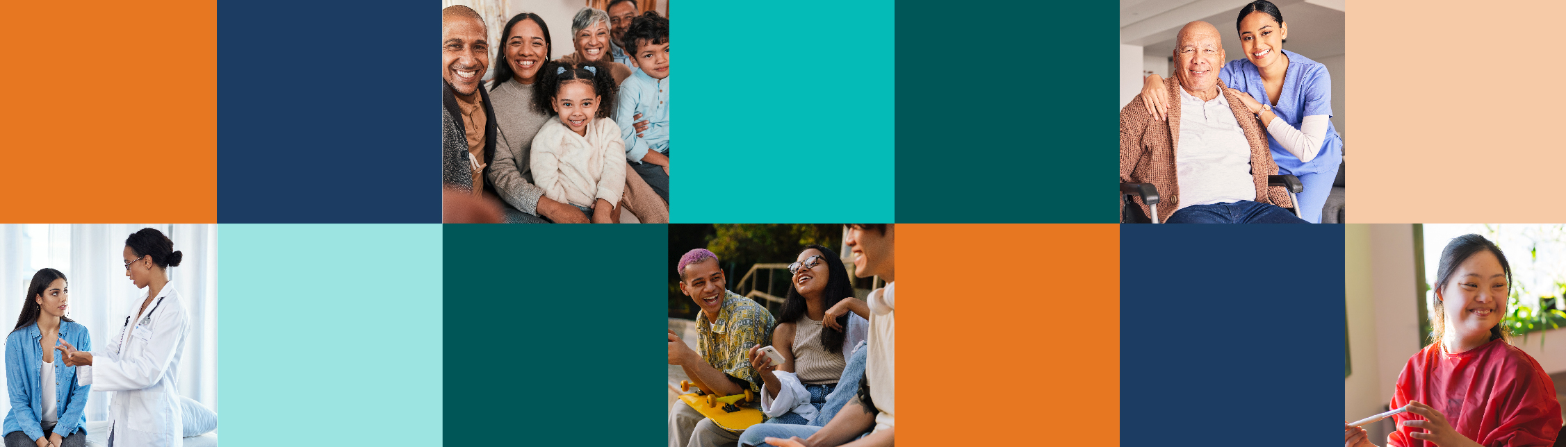 color grid with image of family, children and youth, medical staff and senior woman