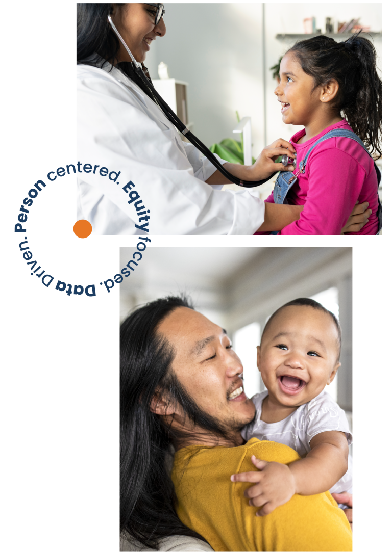 Person centered, Equity focused, data driven. Images of child with doctor getting a check up and image of a father holding a baby.