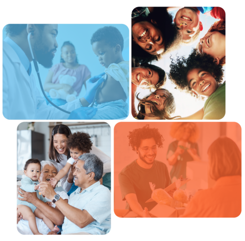 Collage of photos showing a Doctor and child, group of children, multigenerational family and a group of volunteers passing out food